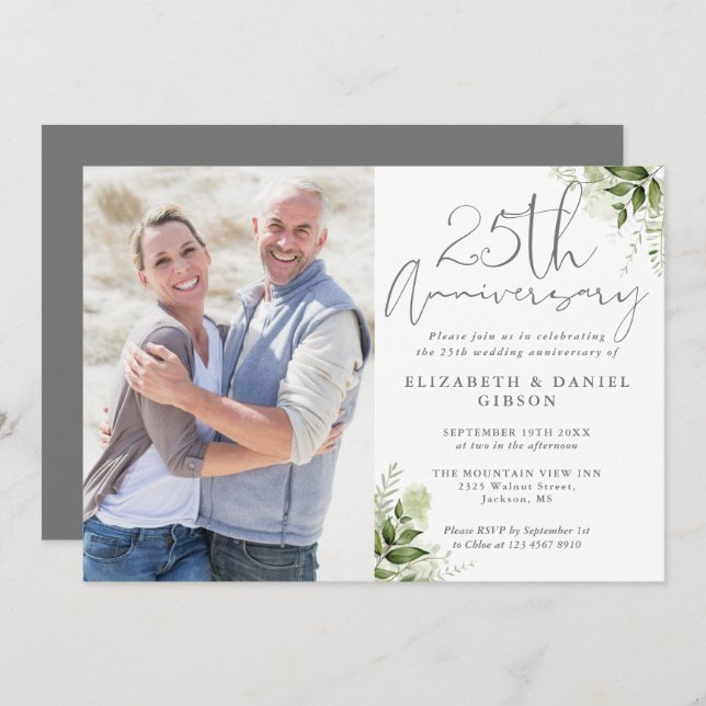 Invitación 25th Wedding Anniversary Floral Silver Photo (Anverso / Reverso)