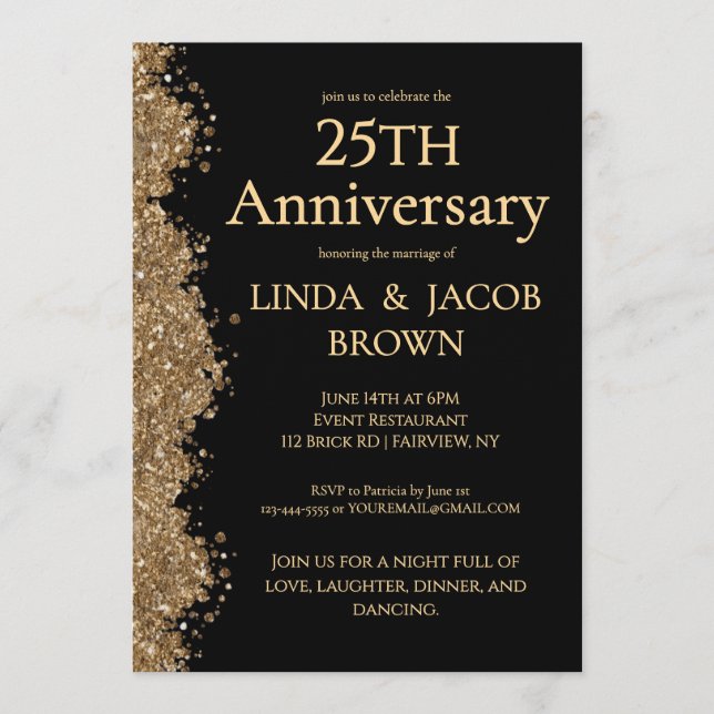 Invitación 25th Wedding Anniversary Gold Faux Glitter  (Anverso)