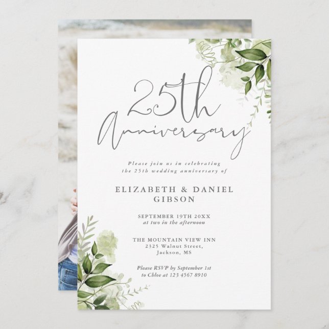Invitación 25th Wedding Anniversary Greenery Floral Photo (Anverso / Reverso)