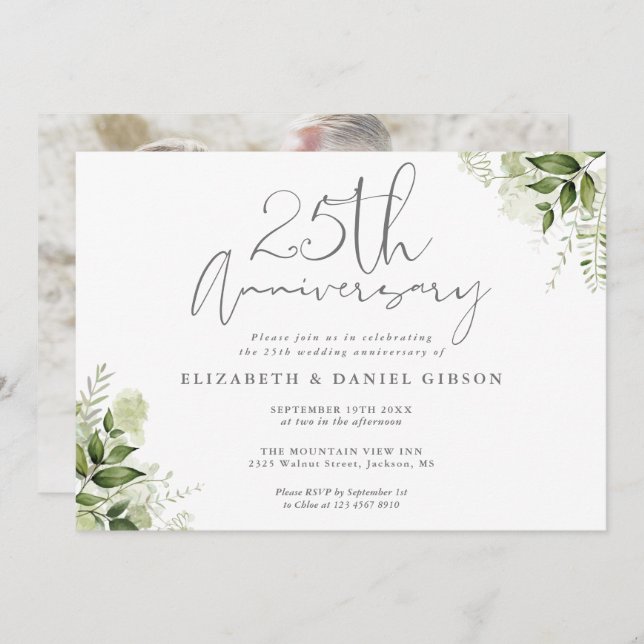 Invitación 25th Wedding Anniversary Greenery Floral Photo (Anverso / Reverso)