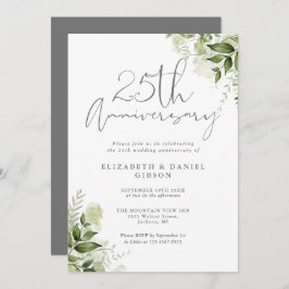 Invitación 25th Wedding Anniversary Greenery Silver Script