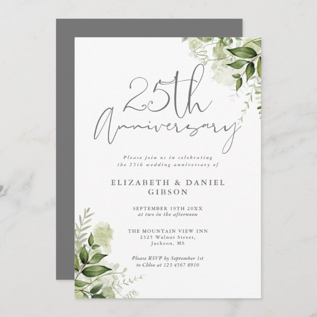 Invitación 25th Wedding Anniversary Greenery Silver Script (Anverso / Reverso)