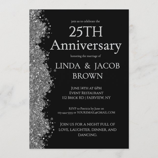 Invitación 25th Wedding Anniversary Silver Faux Glitter  (Anverso)