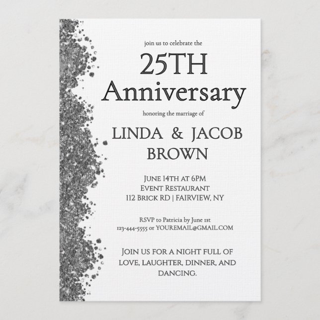 Invitación 25th Wedding Anniversary Silver Faux Glitter  (Anverso)