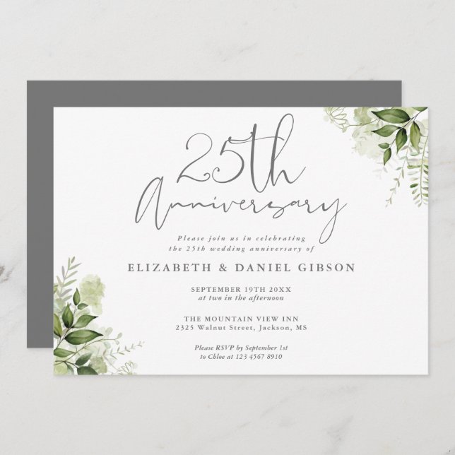 Invitación 25th Wedding Anniversary Silver Script Floral (Anverso / Reverso)
