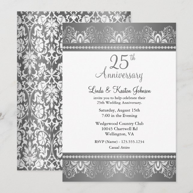 Invitación 25to Texto del aniversario de bodas de plata el | (Anverso / Reverso)