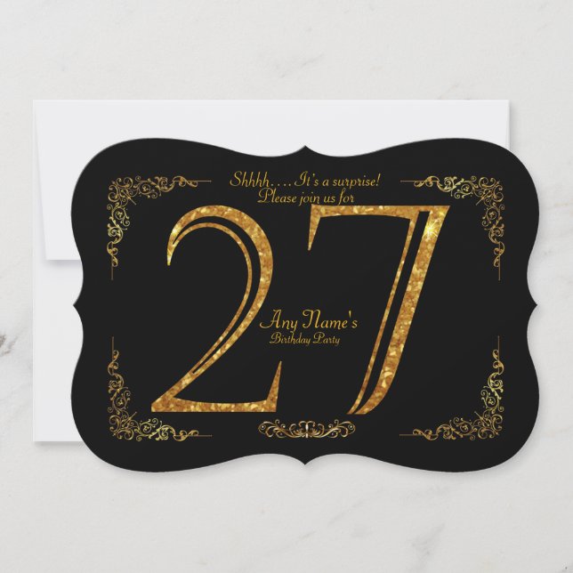 Invitación 27,Fiesta de cumpleaños 27,gran Gatsby, negro y or (Anverso)