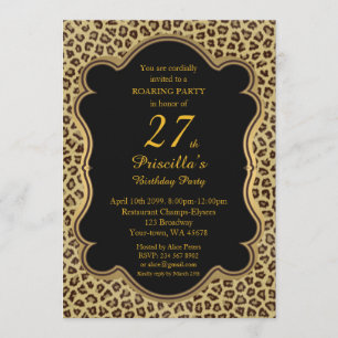 Invitación 27mo, fiesta de cumpleaños 27ma, guepardo, negro y