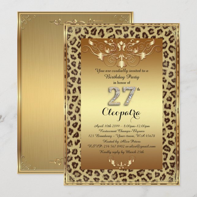 Invitación 27mo, fiesta de cumpleaños 27ma, oro real del (Anverso / Reverso)