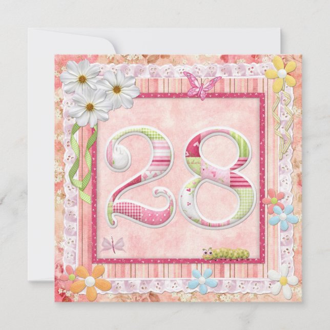 Invitación 28.ª fiesta de cumpleaños estilo scrapbooking (Anverso)
