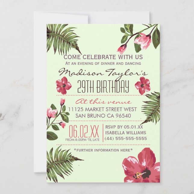 Invitación 29º Fiesta Hibiscus exótico y hojas de palmas trop (Anverso)