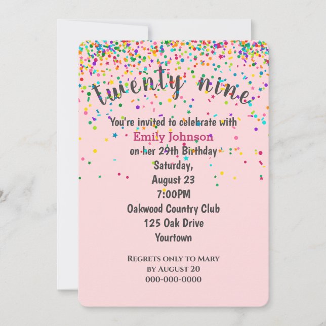 Invitación 29.º Confetti De Cumpleaños En Rosa (Anverso)