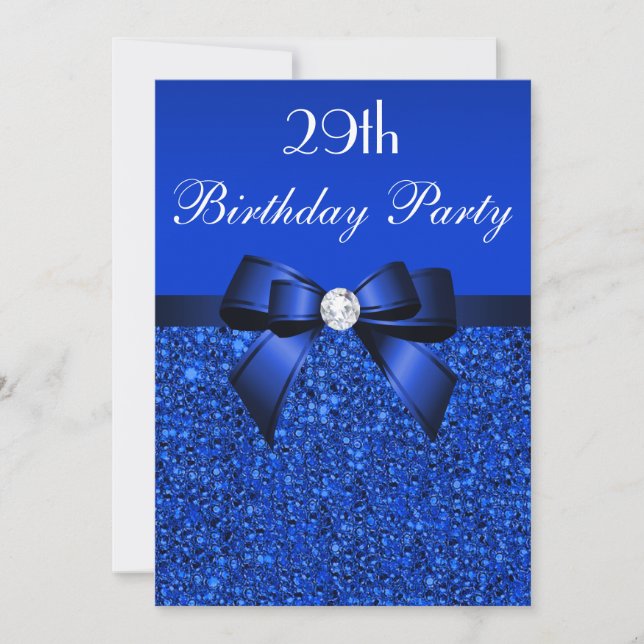 Invitación 29.º cumpleaños Royal Blue Sequins Bow y Diamond (Anverso)