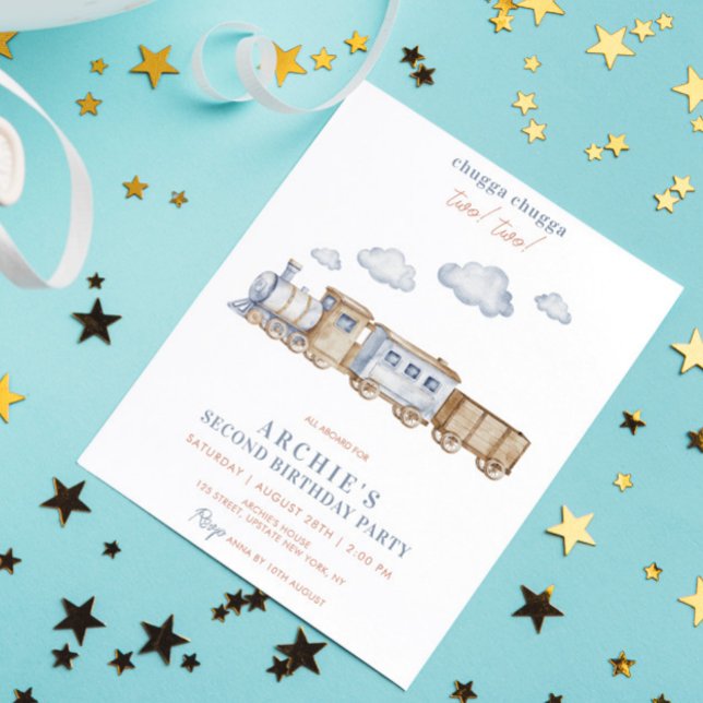 Invitación 2.ª acuarela de la fiesta de cumpleaños del niño D (2nd birthday train watercolor invitation template easy to download or printed two two chuga chuga)
