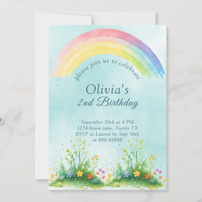 Invitación 2.ª acuarela de verano Rainbow Blue Sky Birday (Anverso)