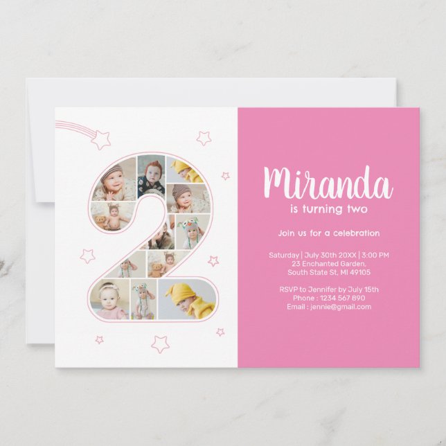 Invitación 2.ª Chica de cumpleaños número 2 Collage de fotos  (Anverso)