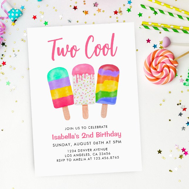 Invitación 2.ª Chica De Dos Copas De Hielo Dulce De Guay (2nd Two Cool Sweet Colorful Ice Pops Girl Birthday Invitation
)