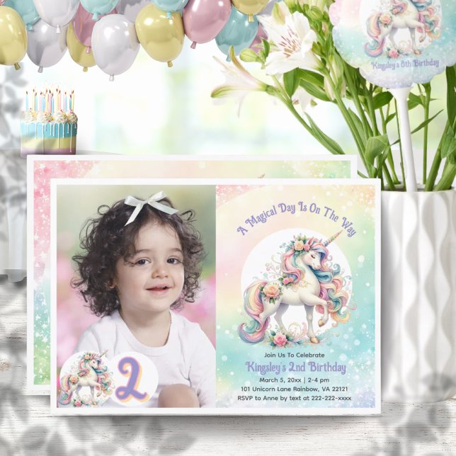Invitación 2.ª fiesta de cumpleaños de Unicornio Pastel Rainb (2nd Second Unicorn Birthday Party Pastel Rainbow Invitation)