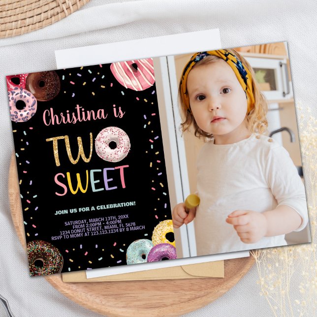 Invitación 2.ª Foto De Dos Dulces Colores (2nd Two Sweet Colors Photo Donut Birthday Invitation)