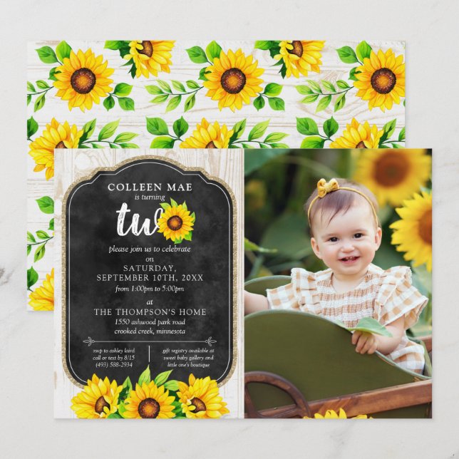 Invitación 2.ª Fotos de Sunflower y Rustic Wood Country (Anverso / Reverso)