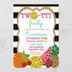 Invitación 2.ª frutti 2.º cumpleaños purpurina Tutti Frutti