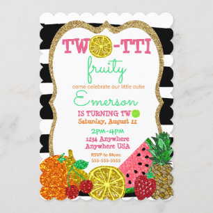 Invitación 2.ª frutti 2.º cumpleaños purpurina Tutti Frutti
