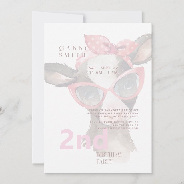 Invitación 2.ª gafas de cumpleaños en rosa vaca rosa (Anverso)