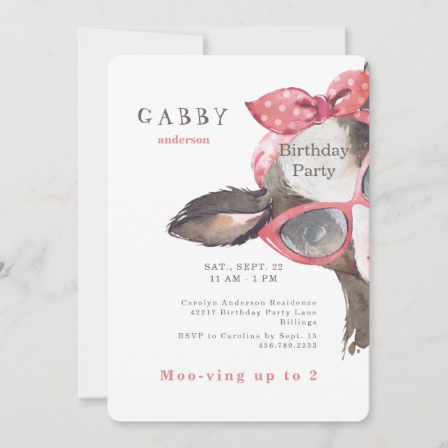 Invitación 2.ª gafas de cumpleaños en rosa vaca rosa (Anverso)