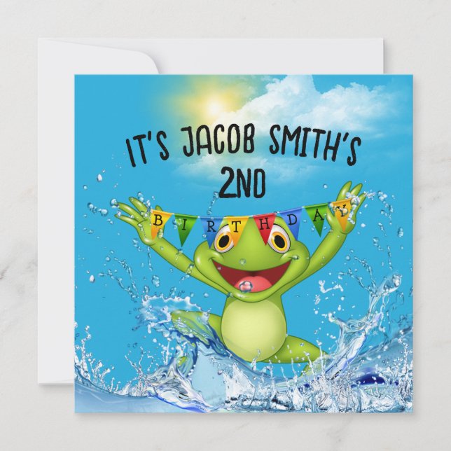 Invitación 2.ª rana de cumpleaños saltando en el agua (Anverso)