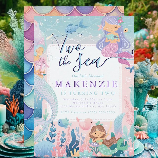 Invitación 2.ª sirena de cumpleaños (Mermaid birthday party invitation for 2 year old.)