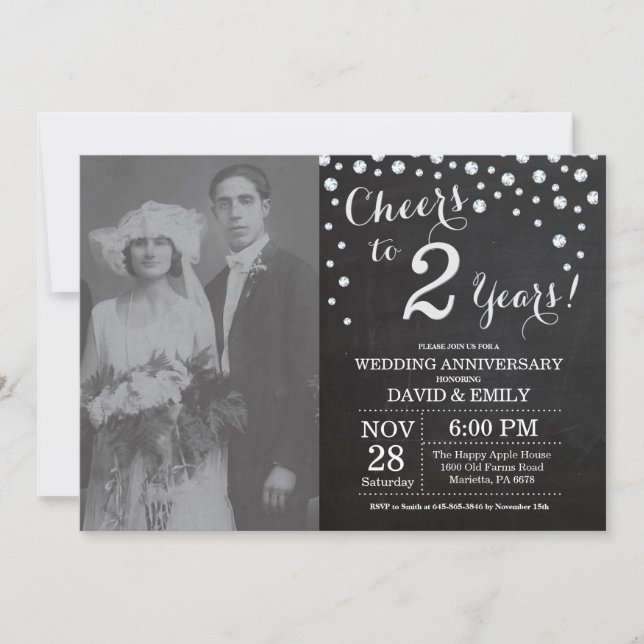 Invitación 2.º aniversario Boda Chalkboard Black Silver (Anverso)