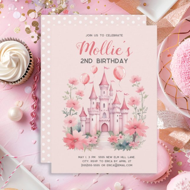 Invitación 2.º Balón del Castillo de la Princesa Rosa (Pink princess castle little girl's 2nd birthday party invitation)