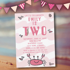 Invitación 2.º Chica de animales cangrejos rosados de cumplea