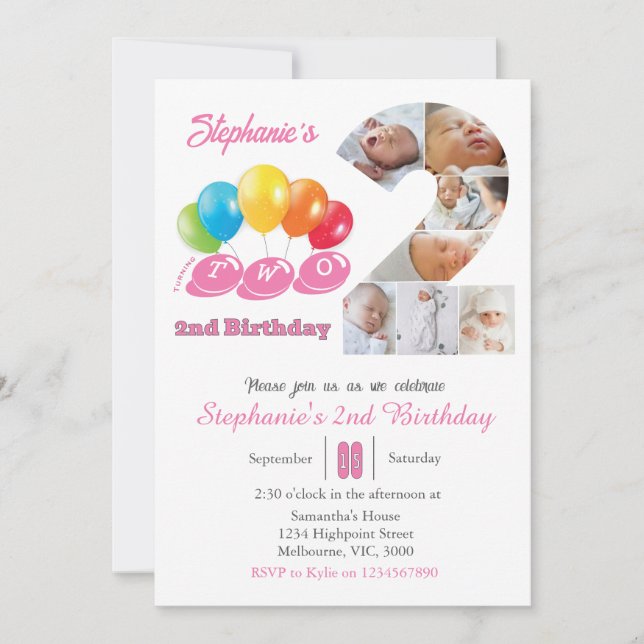 Invitación 2.º Chica de collage de fotos de cumpleaños número (Anverso)