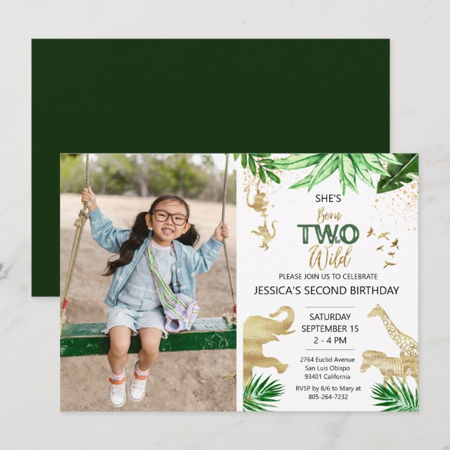 Invitación 2.º Chica Safari Dos Fotos de Cumpleaños Salvajes (Anverso / Reverso)