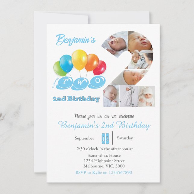 Invitación 2.º collage de fotos de cumpleaños número 2 Boy (Anverso)