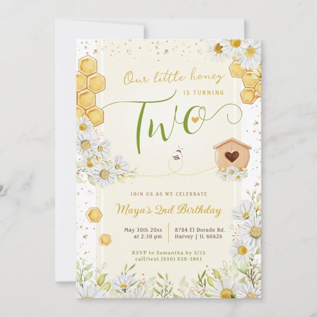 Invitación 2.º cumpleaños Chica de Abeja Pequeña (Anverso)