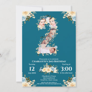 Invitación 2.º cumpleaños Collage de fotos de flores Verde az