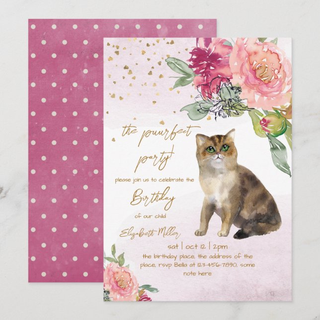 Invitación 2.º cumpleaños de Cat Perfect Pawty (Anverso / Reverso)