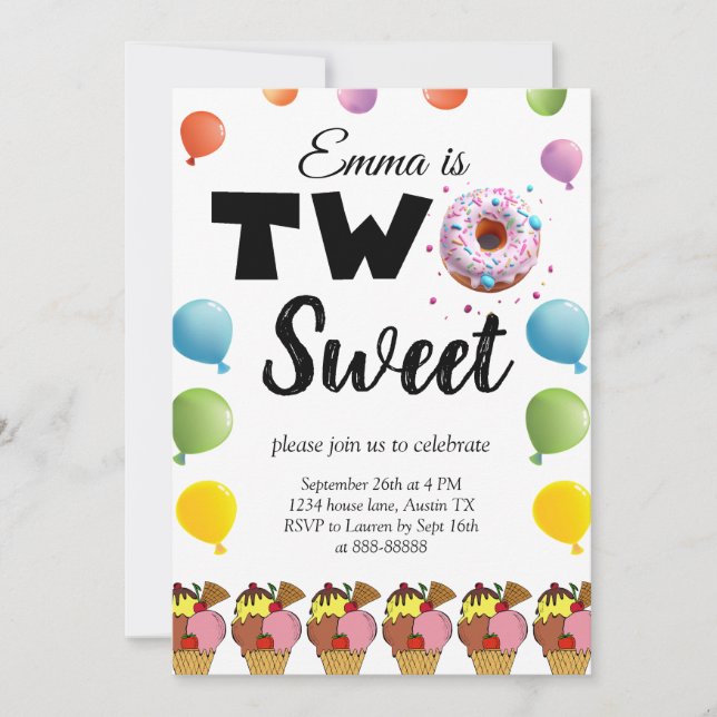Invitación 2.º cumpleaños Dulce Crema de Hielo Donut Cumpleañ (Anverso)