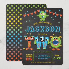 Invitación 2.º cumpleaños lindo fiesta monstruo pequeño pizar