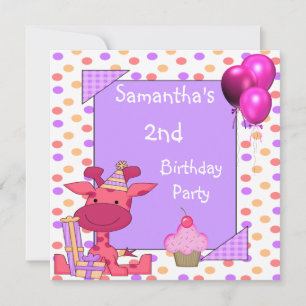 Invitación 2.º cumpleaños puntos Giraffe Cupakes Balloons Mau
