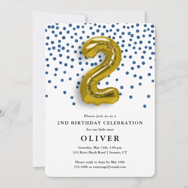 Invitación 2.º cumpleaños Real Blue Confetti y Globo de Oro (Anverso)
