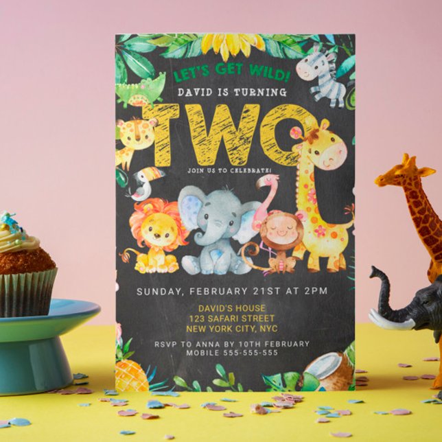 Invitación 2.º cumpleaños Safari Jungle Chalkboard Cute Kids (Safari Jungle Zoo Animals Chalkboard Party Birthday 2nd Birthday Template Kids Party)