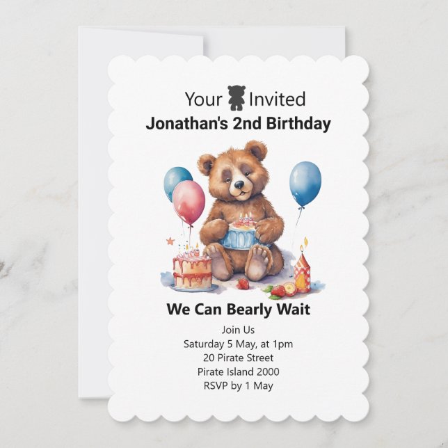 Invitación 2.º cumpleaños Temas de Teddy para los niños (Anverso)