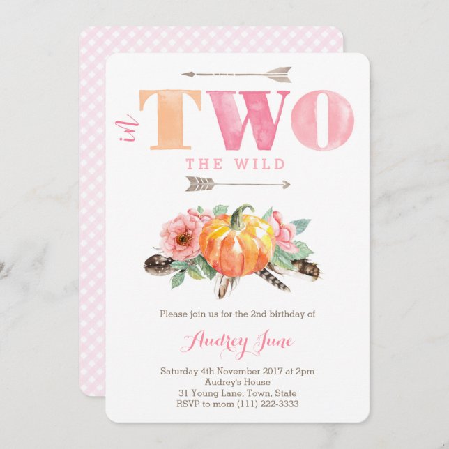 Invitación 2.º Fiesta de cumpleaños de calabaza silvestre par (Anverso / Reverso)