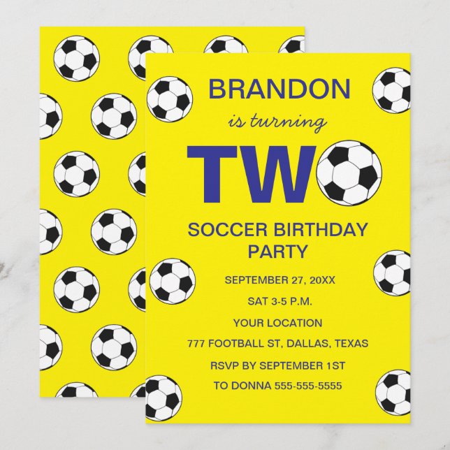 Invitación 2.º Fiesta de cumpleaños fútbol niños amarillos de (Anverso / Reverso)