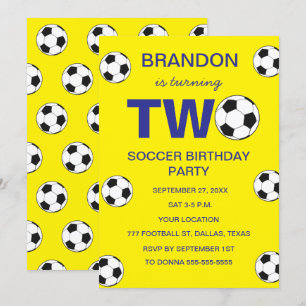 Invitación 2.º Fiesta de cumpleaños fútbol niños amarillos de