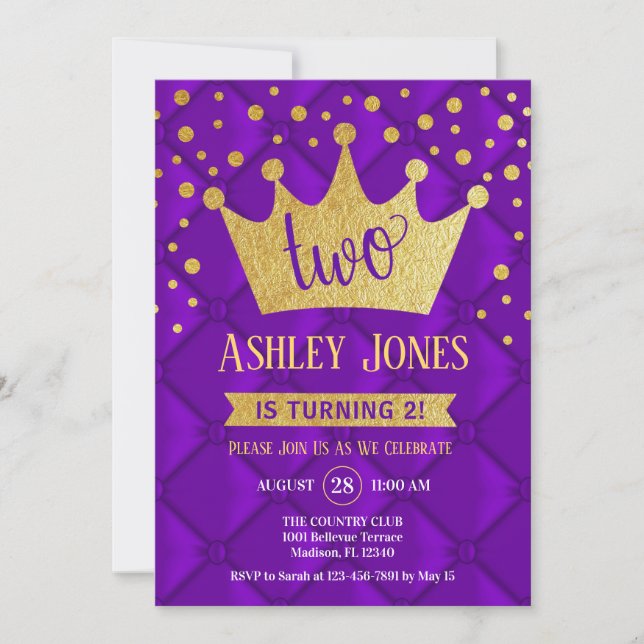 Invitación 2.º Fiesta de cumpleaños - Royal Purple Gold (Anverso)