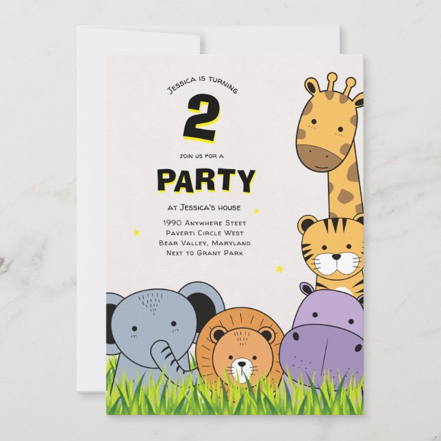 Invitación 2.º Fiesta de cumpleaños Safari Animales Cute Pers (Anverso)